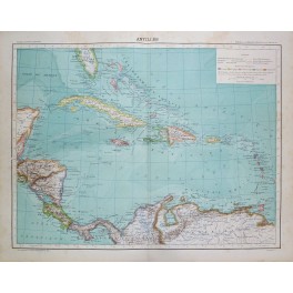Antilles Caribbean Cuba Costa Rica Large antique atlas map 1893