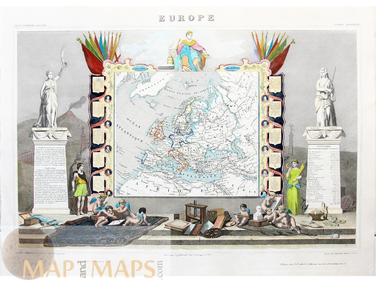 Europe Continent attractive Vintage map by Victor Levasseur 1861