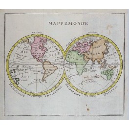 DOUBLE HEMISPHERE WORLD MAP HAND COLORED ANTIQUE MAP BY VAUGONDY 1750