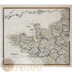Northwest France Antique Old map Paris Versailles by Baldwin Cradock 1835
