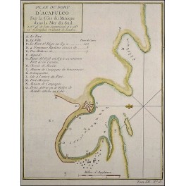 Mexico Acapulco town plan antique map by Bellin 1754