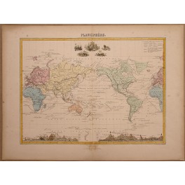 1860 Antique PLANISHèRE map, by Vuilemin, America, Europe 